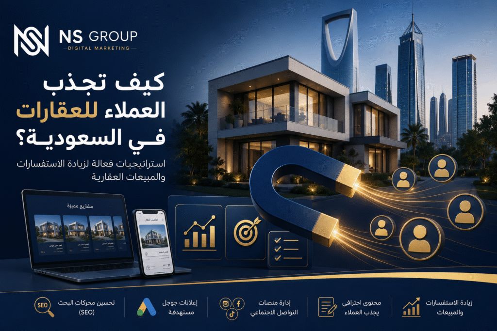استراتيجيات جذب العملاء للعقارات في السعودية باستخدام التسويق الرقمي وإعلانات جوجل وتحسين محركات البحث لزيادة المبيعات العقارية.