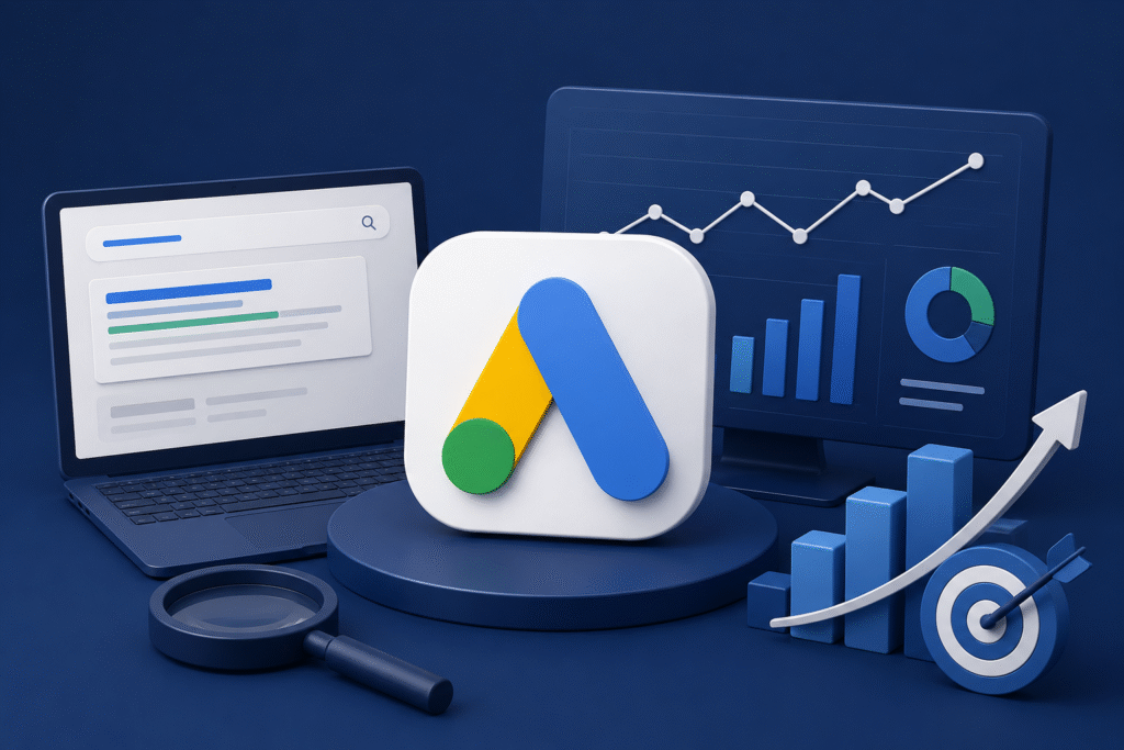 تصميم احترافي يعبر عن إدارة إعلانات جوجل (Google Ads) وتحليل أداء الحملات الإعلانية الرقمية لمساعدة الشركات في السعودية على زيادة العملاء والمبيعات.