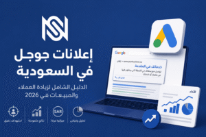 تصميم يوضح إعلانات جوجل في السعودية باستخدام Google Ads لمساعدة الشركات على زيادة العملاء والمبيعات من خلال الحملات الإعلانية الرقمية.