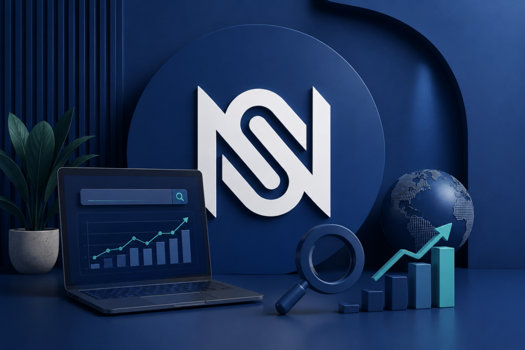 تصميم ثلاثي الأبعاد يعبر عن السيو SEO وتحسين محركات البحث، يضم شعار NS Group مع جهاز حاسب ورسوم بيانية وعدسة بحث وسهم نمو، ويرمز إلى زيادة الظهور في نتائج Google وتحقيق النمو الرقمي للشركات.