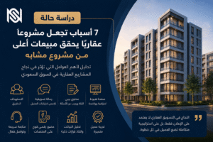 تصميم يوضح دراسة حالة تسويق عقاري ويعرض أهم العوامل التي تساعد على نجاح المشاريع العقارية وزيادة المبيعات في السوق السعودي.