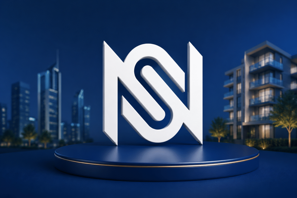 شعار NS Group أمام مشروع سكني حديث يعبر عن دراسة حالة تسويق عقاري واستراتيجيات التسويق العقاري للمشاريع السكنية في السعودية.